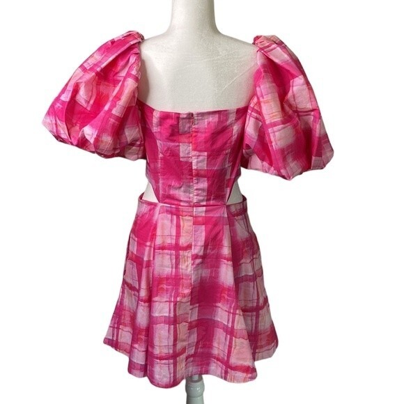 Free People Aureta Ada Mini Dress Fandango Check Cut Outs Short Puff Sleeve - Picture 4 of 15